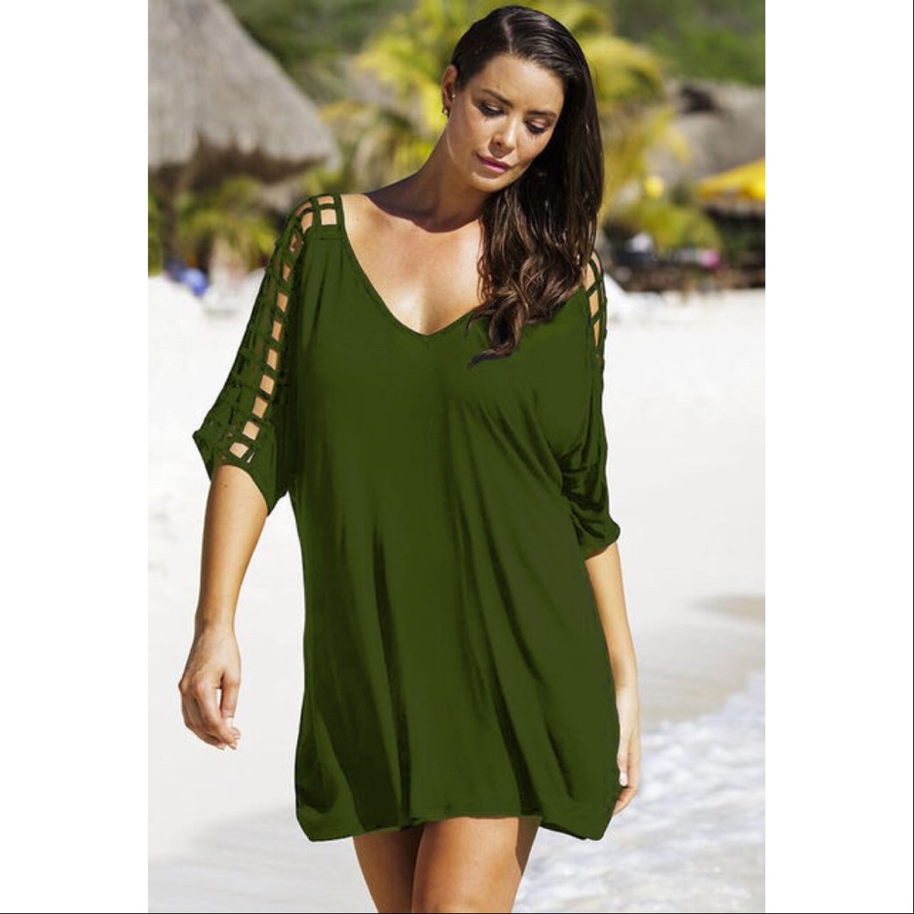Olive Cutout Sleeve Oversized Tunic Top Dress